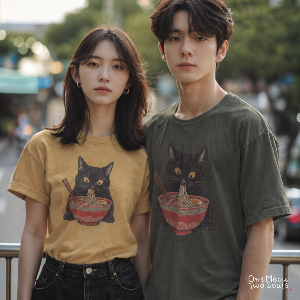 Mustard and Moss colored Comfort Colors 1717 cotton T-shirt, featuring a Black cat eating Japanese ramen noodles. Funny cat design illustration. One Meow Two Souls brand.