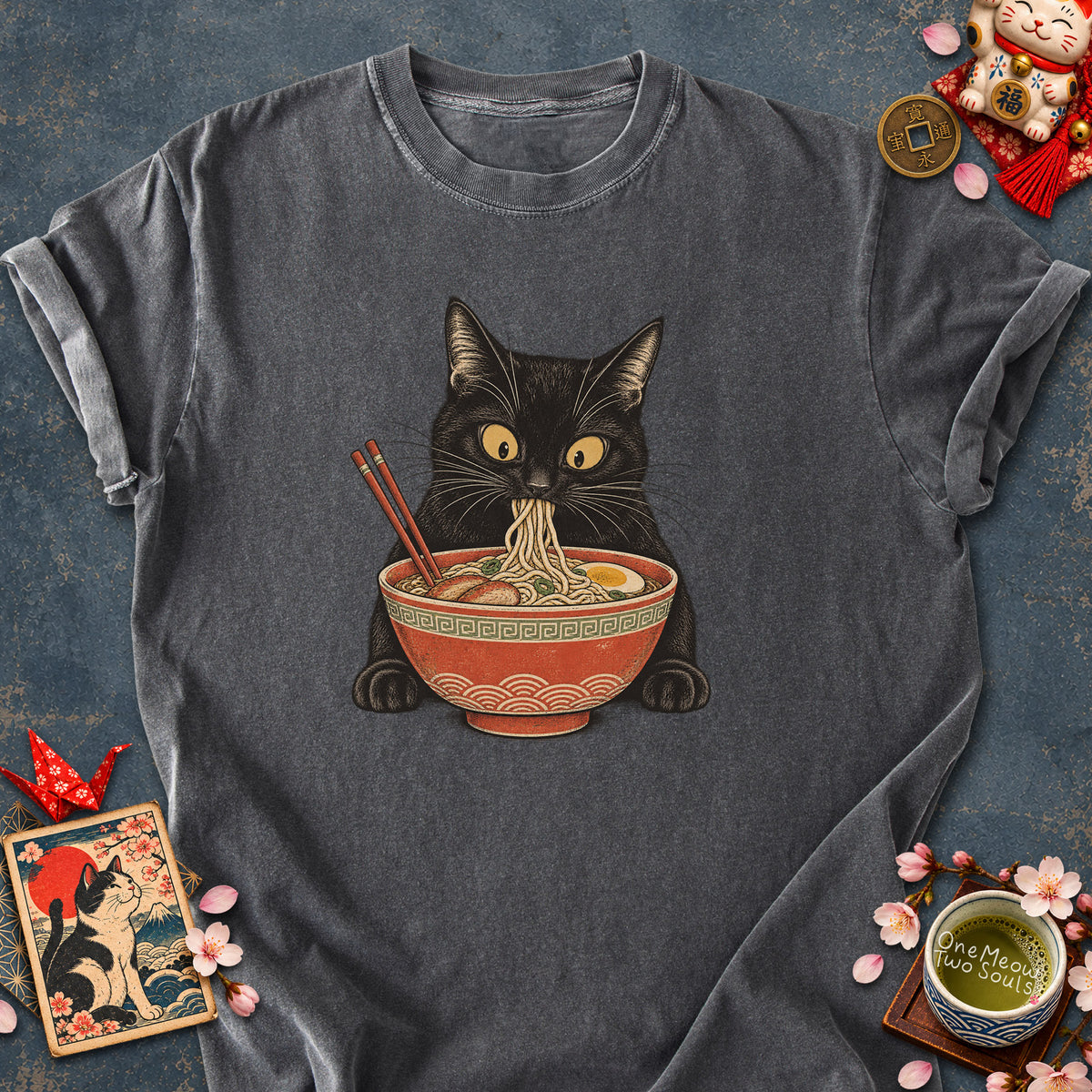 Pepper colored Comfort Colors 1717 cotton T-shirt, featuring a Black cat eating Japanese ramen noodles. Funny cat design illustration. One Meow Two Souls brand.