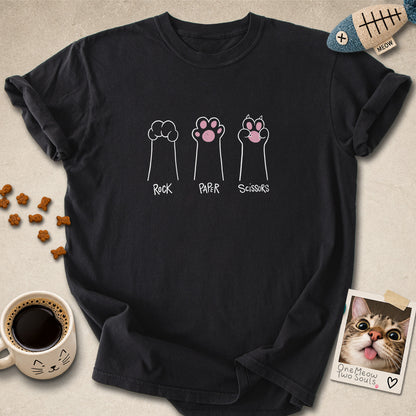 Black colored Comfort Colors 1717 cotton T-shirt, presenting a "Rock Paper Scissors" funny cat design. One Meow Two Souls brand.