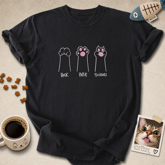 Black colored Comfort Colors 1717 cotton T-shirt, presenting a "Rock Paper Scissors" funny cat design. One Meow Two Souls brand.