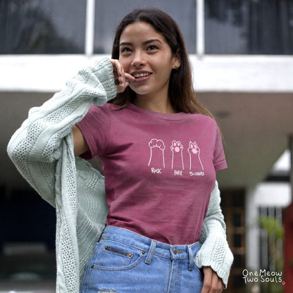 Berry colored Comfort Colors 1717 cotton T-shirt, presenting a "Rock Paper Scissors" funny cat design. One Meow Two Souls brand.