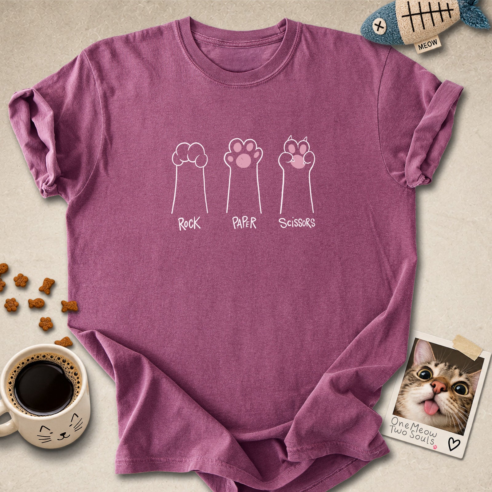Berry colored Comfort Colors 1717 cotton T-shirt, presenting a "Rock Paper Scissors" funny cat design. One Meow Two Souls brand.
