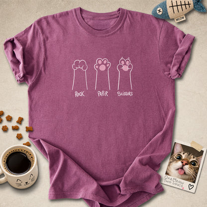 Berry colored Comfort Colors 1717 cotton T-shirt, presenting a "Rock Paper Scissors" funny cat design. One Meow Two Souls brand.