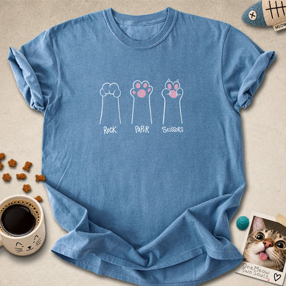 Blue jean colored Comfort Colors 1717 cotton T-shirt, presenting a "Rock Paper Scissors" funny cat design. One Meow Two Souls brand.