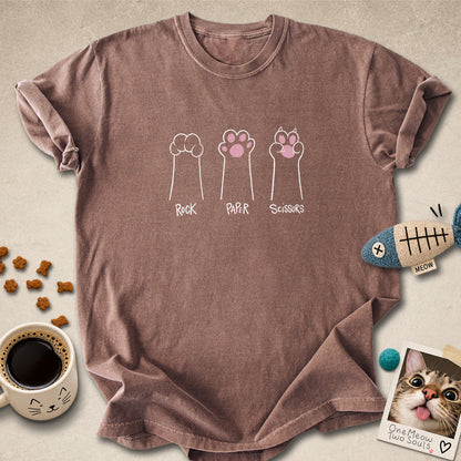 Espresso colored Comfort Colors 1717 cotton T-shirt, presenting a "Rock Paper Scissors" funny cat design. One Meow Two Souls brand.