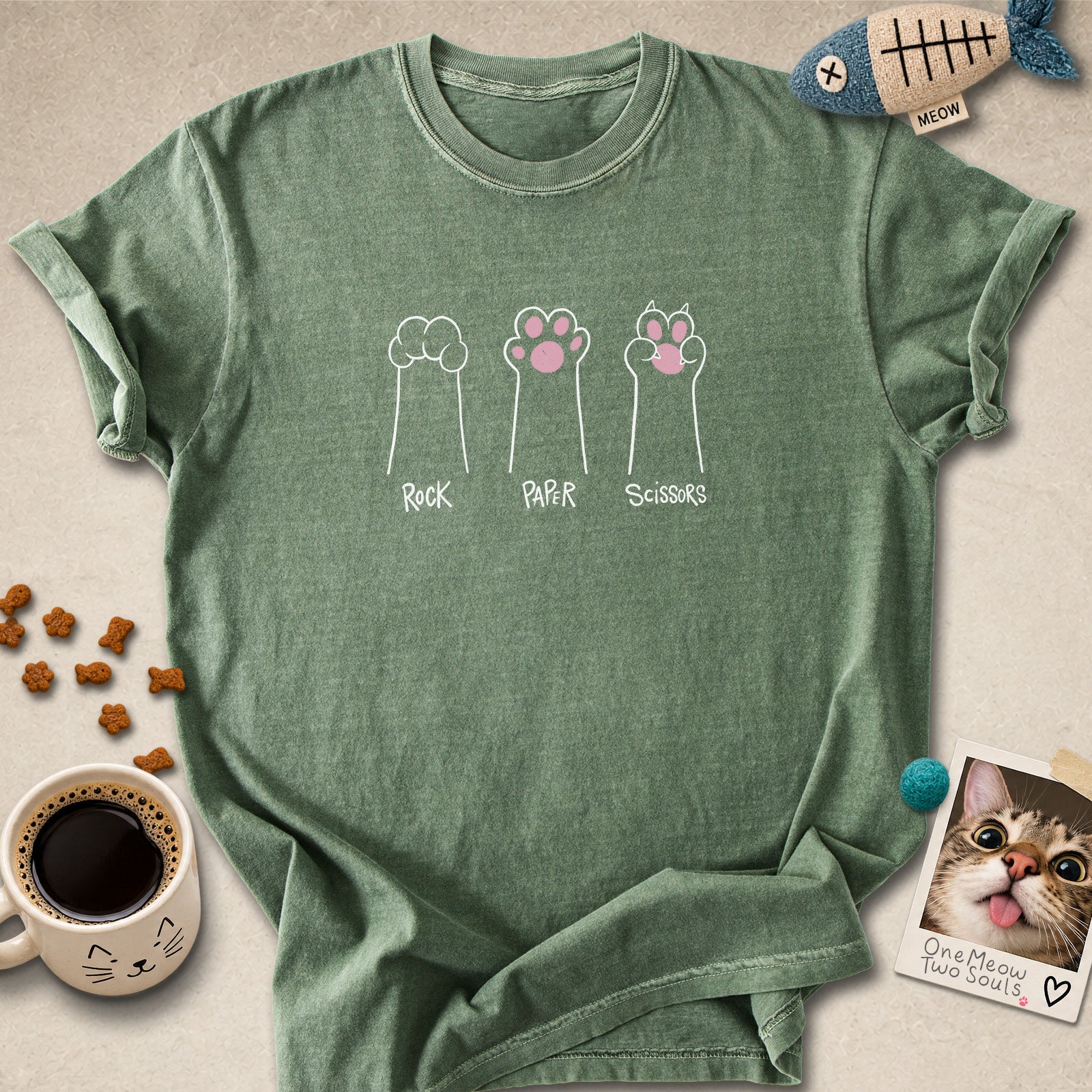 Moss colored Comfort Colors 1717 cotton T-shirt, presenting a "Rock Paper Scissors" funny cat design. One Meow Two Souls brand.