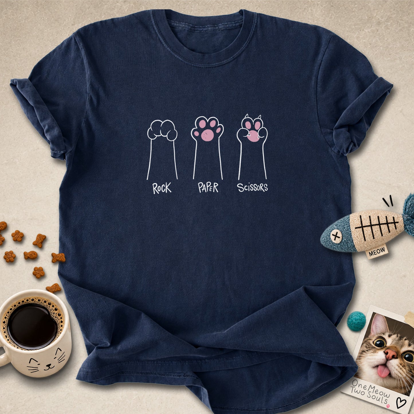 Navy colored Comfort Colors 1717 cotton T-shirt, presenting a "Rock Paper Scissors" funny cat design. One Meow Two Souls brand.