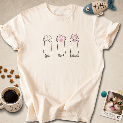 Ivory colored Comfort Colors 1717 cotton T-shirt, presenting a "Rock Paper Scissors" funny cat design. One Meow Two Souls brand.