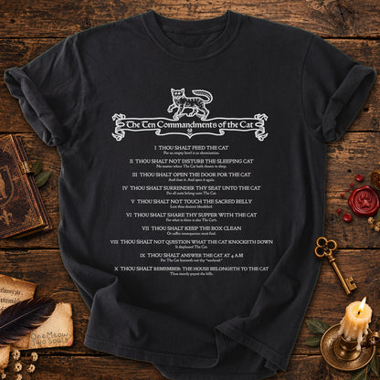 Black colored Comfort Colors 1717 cotton T-shirt, featuring a "The Ten Commandments of the Cat" funny cat design illustration. One Meow Two Souls brand.