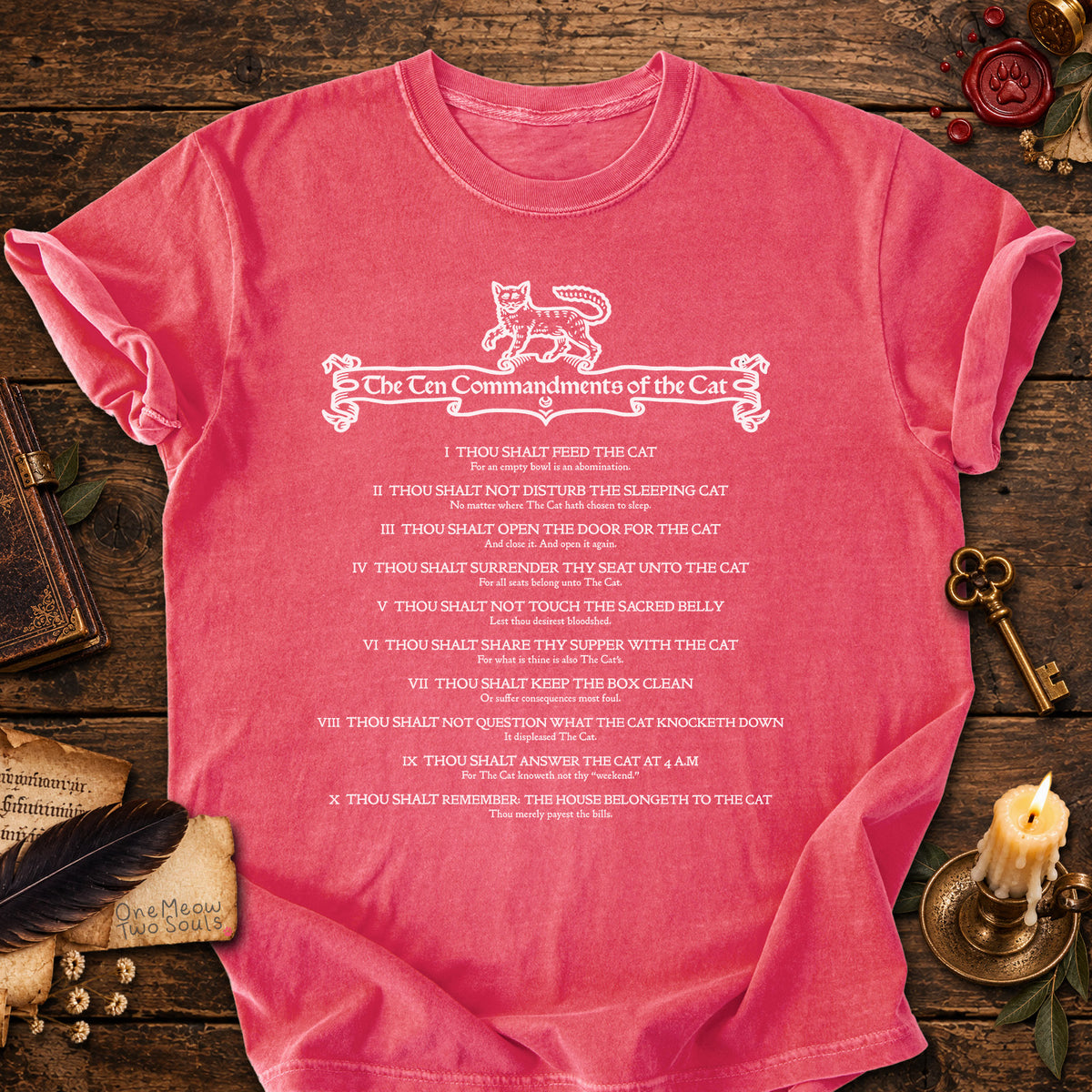 Watermelon  colored Comfort Colors 1717 cotton T-shirt, featuring a "The Ten Commandments of the Cat" funny cat design illustration. One Meow Two Souls brand.