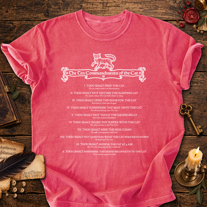 Watermelon  colored Comfort Colors 1717 cotton T-shirt, featuring a "The Ten Commandments of the Cat" funny cat design illustration. One Meow Two Souls brand.