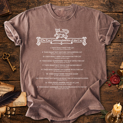 Espresso colored Comfort Colors 1717 cotton T-shirt, featuring a "The Ten Commandments of the Cat" funny cat design illustration. One Meow Two Souls brand.