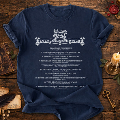 Navy colored Comfort Colors 1717 cotton T-shirt, featuring a "The Ten Commandments of the Cat" funny cat design illustration. One Meow Two Souls brand.