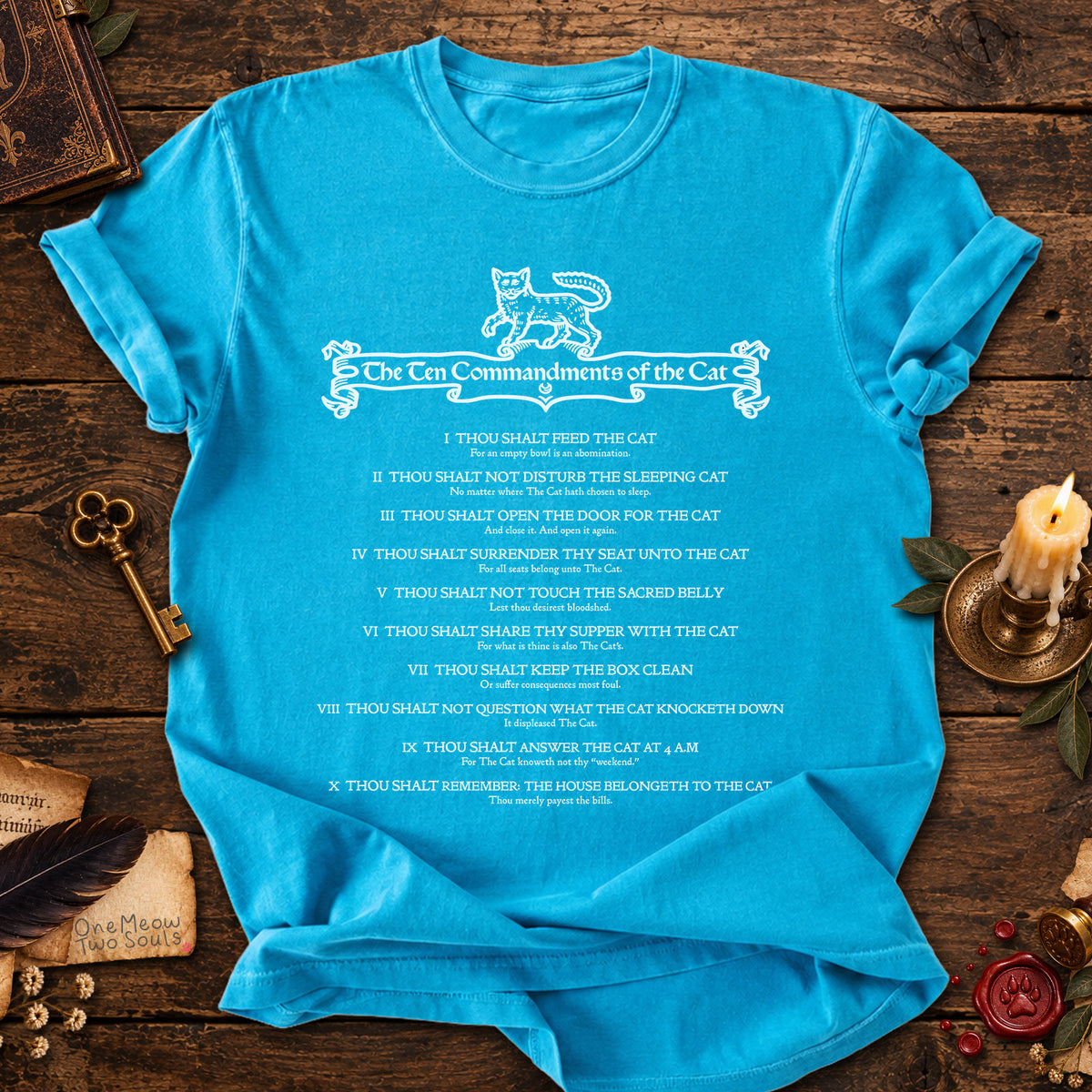 Sapphire colored Comfort Colors 1717 cotton T-shirt, featuring a "The Ten Commandments of the Cat" funny cat design illustration. One Meow Two Souls brand.
