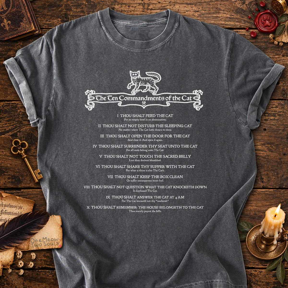 Pepper colored Comfort Colors 1717 cotton T-shirt, featuring a "The Ten Commandments of the Cat" funny cat design illustration. One Meow Two Souls brand.