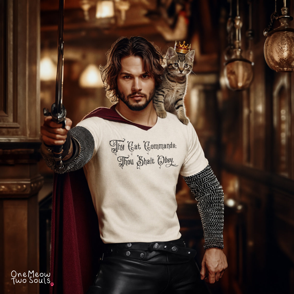 Ivory colored Comfort Colors 1717 cotton T-shirt, featuring a "Thy Cat Commands. Thou Shalt Obey" funny cat design illustration. One Meow Two Souls brand.