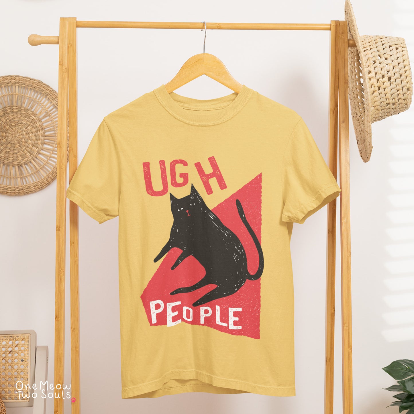 Mustard colored Comfort Colors 1717 cotton T-shirt, presenting a "Ugh People" funny cat design. One Meow Two Souls brand.