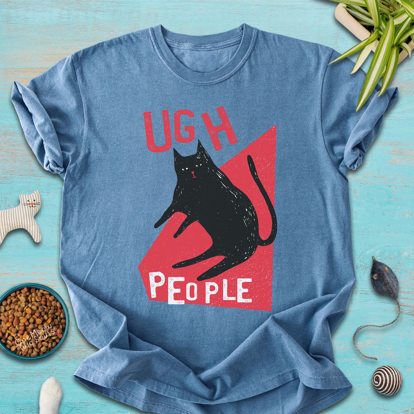 Blue jean colored Comfort Colors 1717 cotton T-shirt, presenting a "Ugh People" funny cat design. One Meow Two Souls brand.