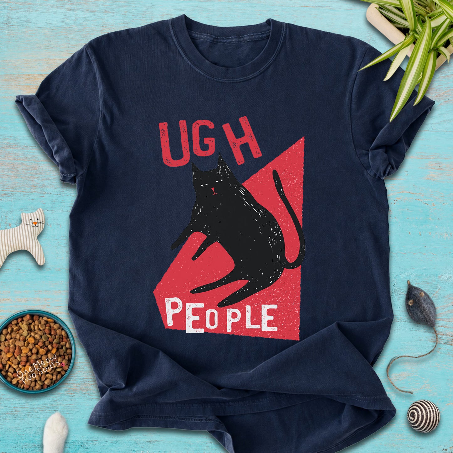 Navy colored Comfort Colors 1717 cotton T-shirt, presenting a "Ugh People" funny cat design. One Meow Two Souls brand.
