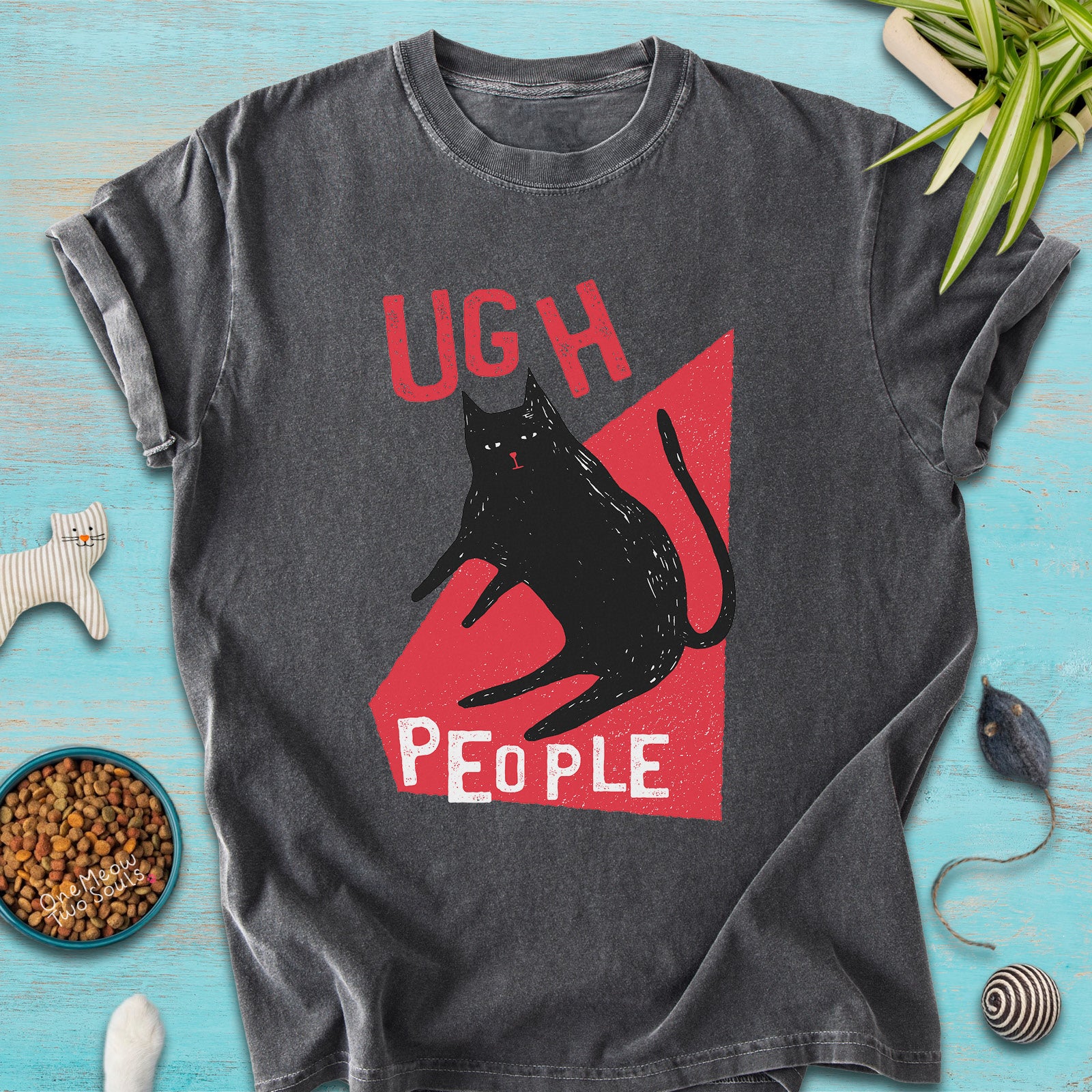 Pepper colored Comfort Colors 1717 cotton T-shirt, presenting a "Ugh People" funny cat design. One Meow Two Souls brand.
