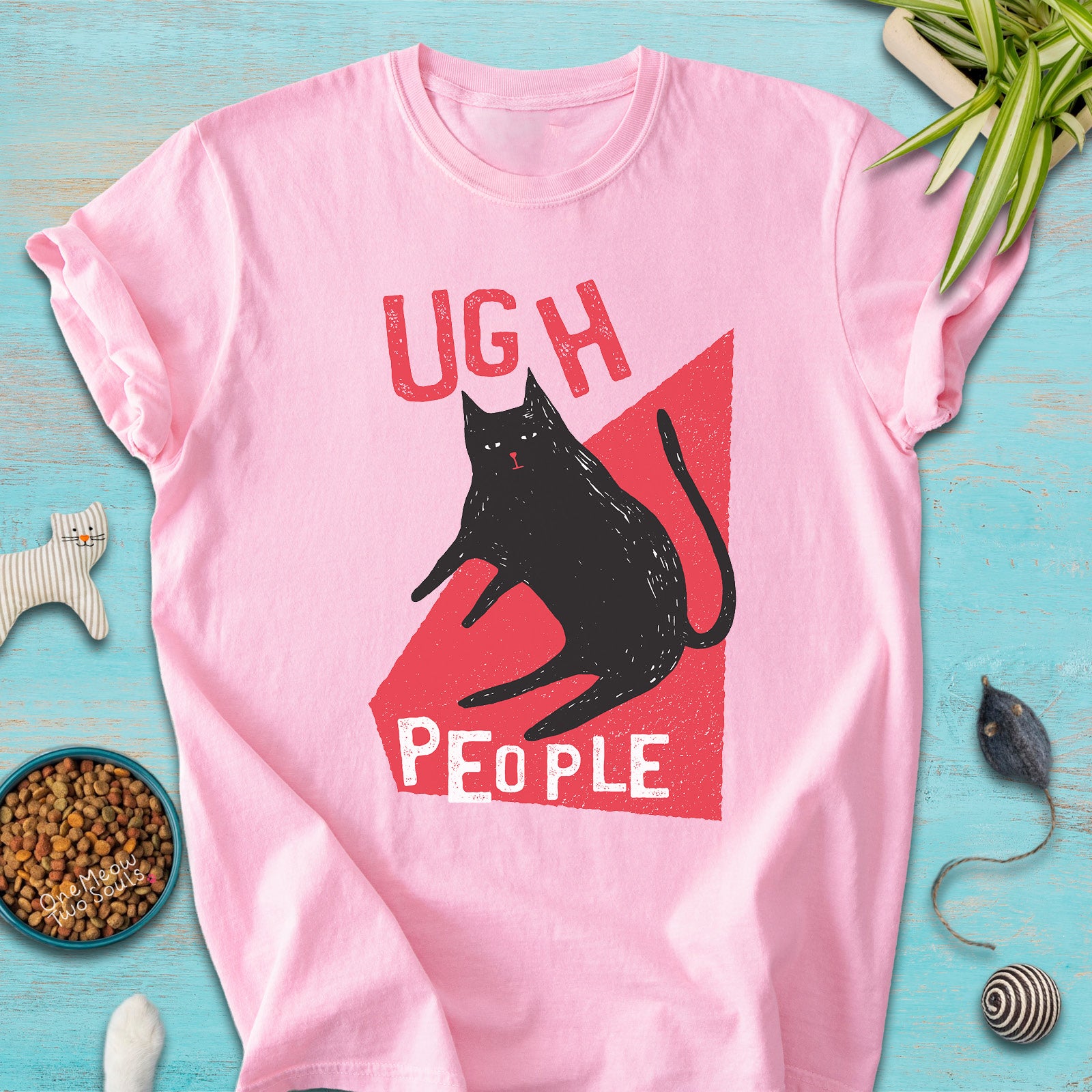 Blossom colored Comfort Colors 1717 cotton T-shirt, presenting a "Ugh People" funny cat design. One Meow Two Souls brand.