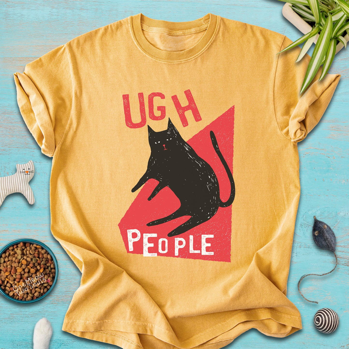Mustard colored Comfort Colors 1717 cotton T-shirt, presenting a "Ugh People" funny cat design. One Meow Two Souls brand.