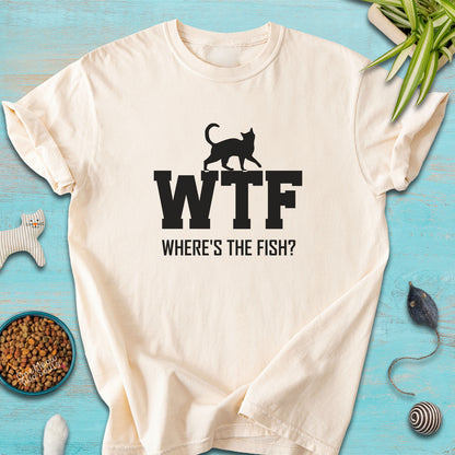 Ivory colored Comfort Colors 1717 t-shirt presenting a "WTF Where's The Fish?" funny cat design. One Meow Twou Sould brand.