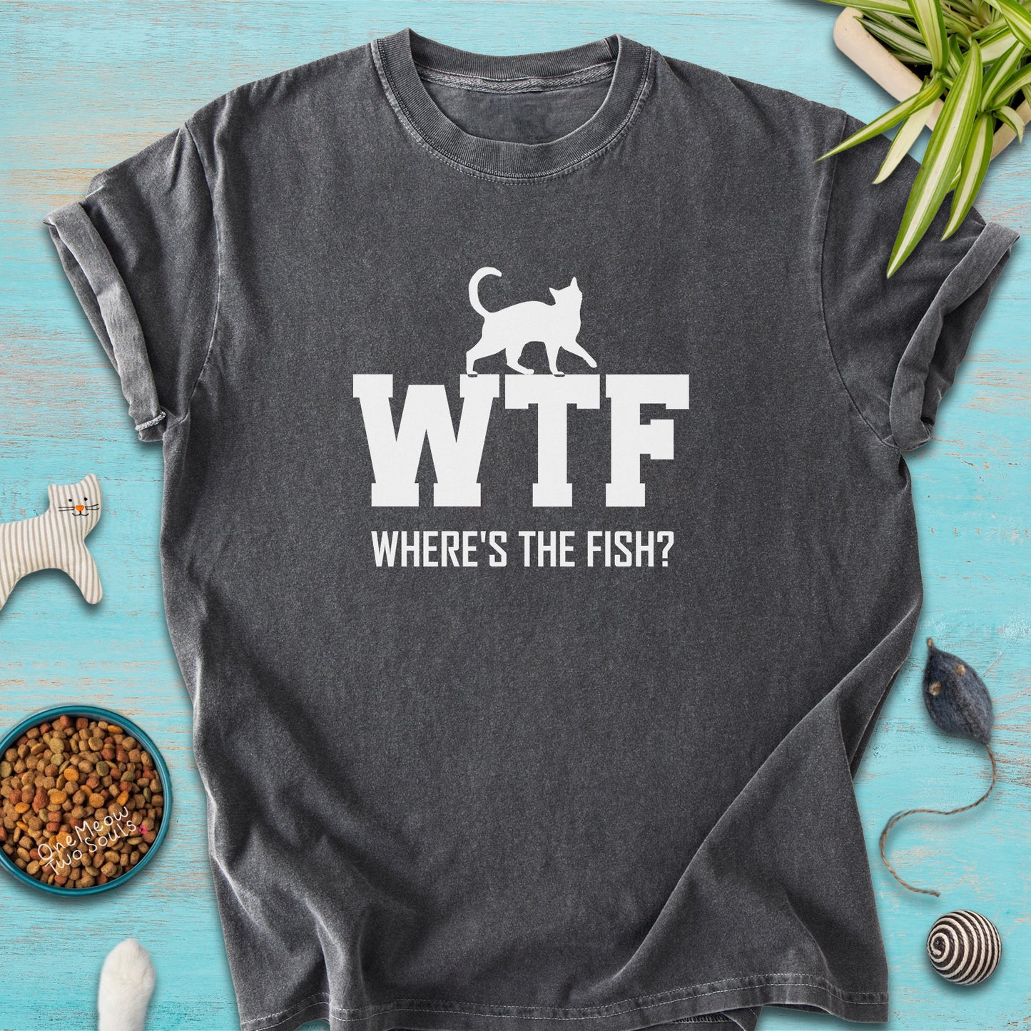 Pepper colored Comfort Colors 1717 t-shirt presenting a "WTF Where's The Fish?" funny cat design. One Meow Twou Sould brand.