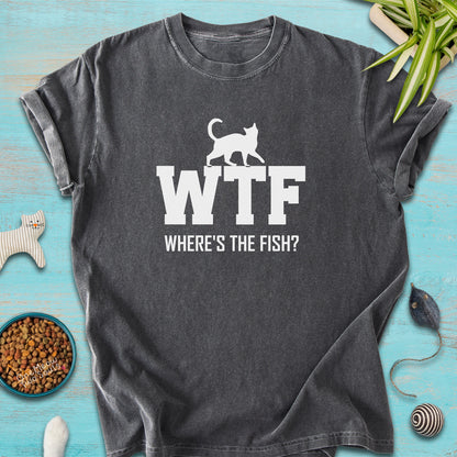 Pepper colored Comfort Colors 1717 t-shirt presenting a "WTF Where's The Fish?" funny cat design. One Meow Twou Sould brand.