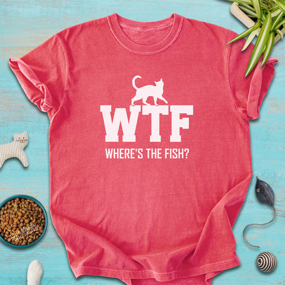 Watermelon colored Comfort Colors 1717 t-shirt presenting a "WTF Where's The Fish?" funny cat design. One Meow Twou Sould brand.