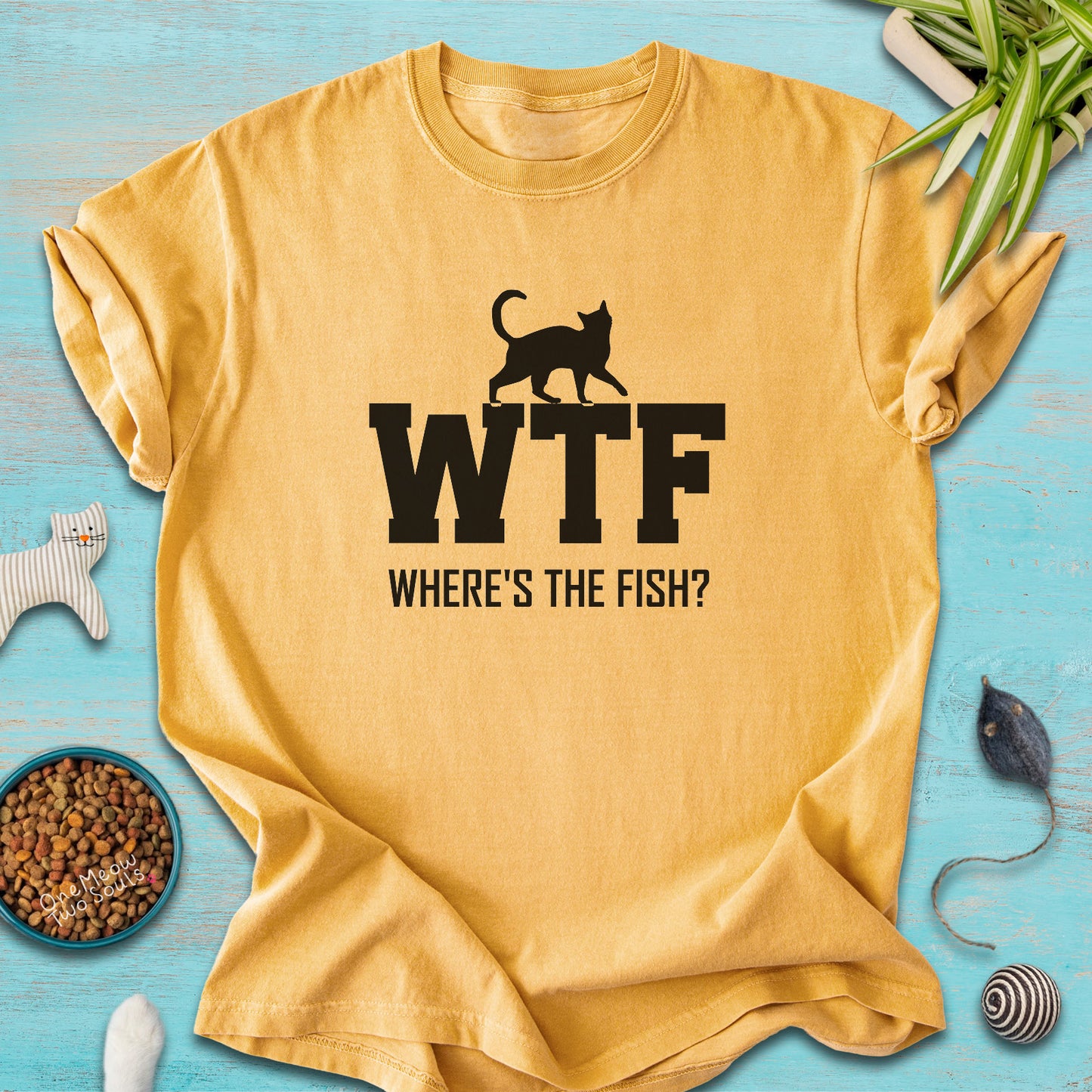Mustard colored Comfort Colors 1717 t-shirt presenting a "WTF Where's The Fish?" funny cat design. One Meow Twou Sould brand.