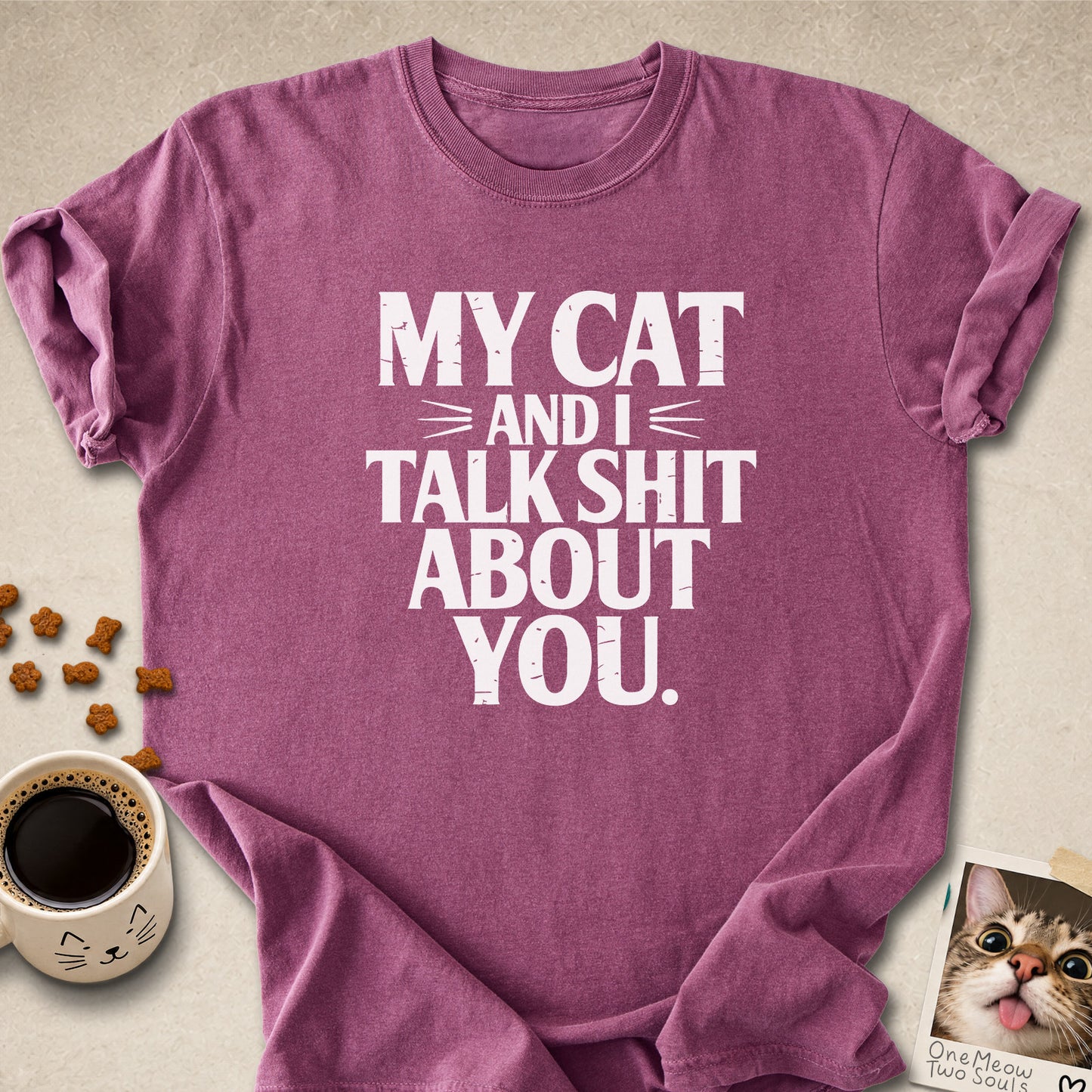 Berry colored Comfort Colors 1717 cotton T-shirt, featuring a "My cat and I talk shit about you" funny cat design illustration. One Meow Two Souls brand.