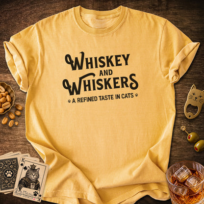 Mustard colored Comfort Colors 1717 cotton T-shirt, with a "Whiskey and Whiskers" design. One Meow Two Souls brand.