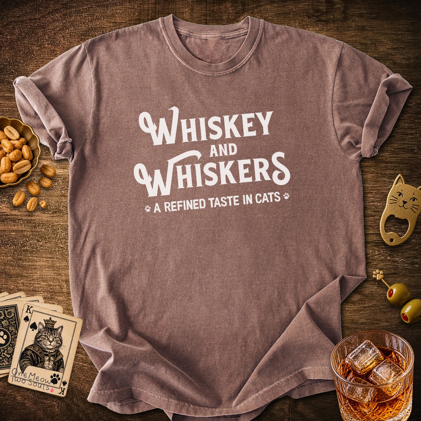 Espresso colored Comfort Colors 1717 cotton T-shirt, with a "Whiskey and Whiskers" design. One Meow Two Souls brand.