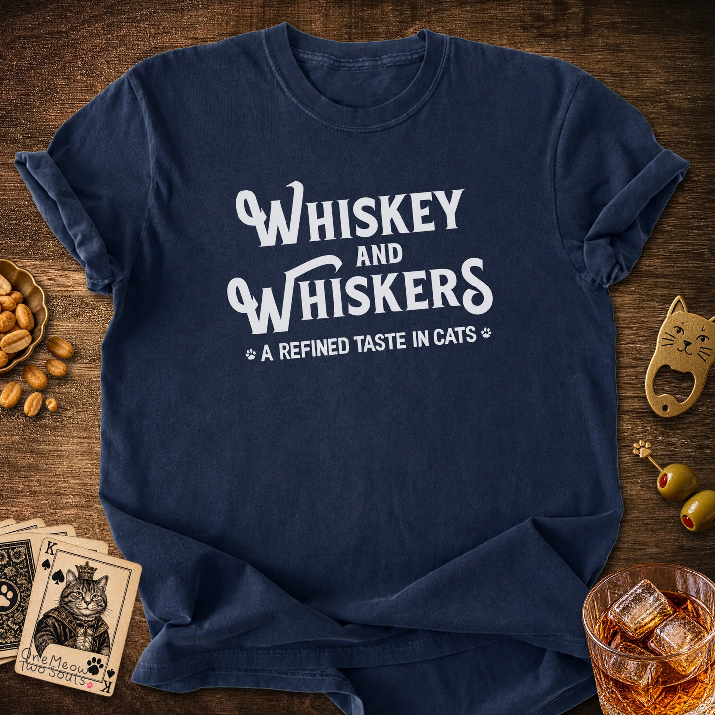 Navy colored Comfort Colors 1717 cotton T-shirt, with a "Whiskey and Whiskers" design. One Meow Two Souls brand.