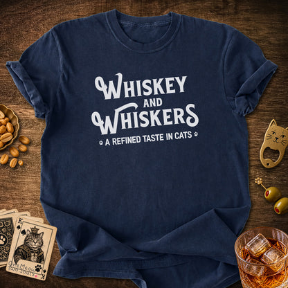 Navy colored Comfort Colors 1717 cotton T-shirt, with a "Whiskey and Whiskers" design. One Meow Two Souls brand.