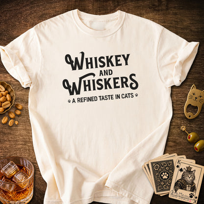 Ivory colored Comfort Colors 1717 cotton T-shirt, with a "Whiskey and Whiskers" design. One Meow Two Souls brand.
