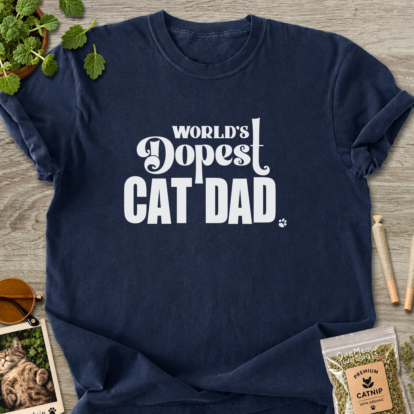 Navy colored Comfort Colors 1717 cotton T-shirt, featuring a "World's Dopest Cat Dad" funny cat design illustration. One Meow Two Souls brand.
