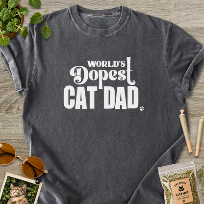 Pepper colored Comfort Colors 1717 cotton T-shirt, featuring a "World's Dopest Cat Dad" funny cat design illustration. One Meow Two Souls brand.