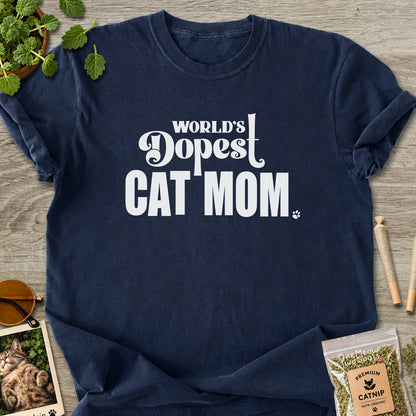 Navy colored Comfort Colors 1717 cotton T-shirt, featuring a "World's Dopest Cat Mom" funny cat design illustration. One Meow Two Souls brand.