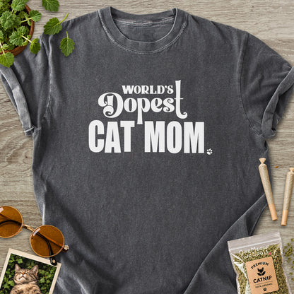 Pepper colored Comfort Colors 1717 cotton T-shirt, featuring a "World's Dopest Cat Mom" funny cat design illustration. One Meow Two Souls brand.