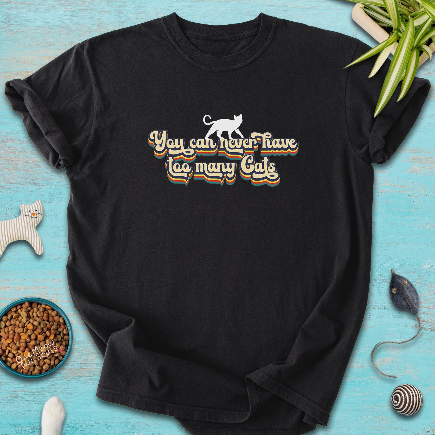 Mustard colored Comfort Colors 1717 cotton T-shirt, presenting a "You can never have too many cats" funny cat design. One Meow Two Souls brand.