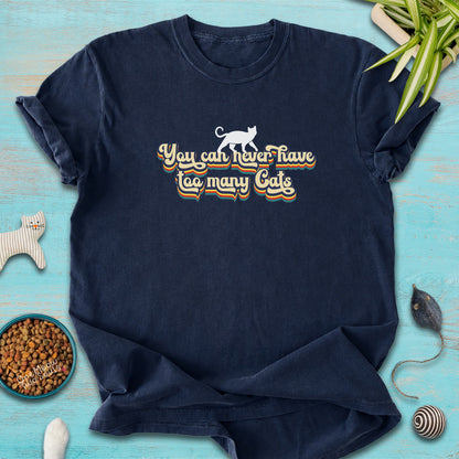 Navy colored Comfort Colors 1717 cotton T-shirt, presenting a "You can never have too many cats" funny cat design. One Meow Two Souls brand.