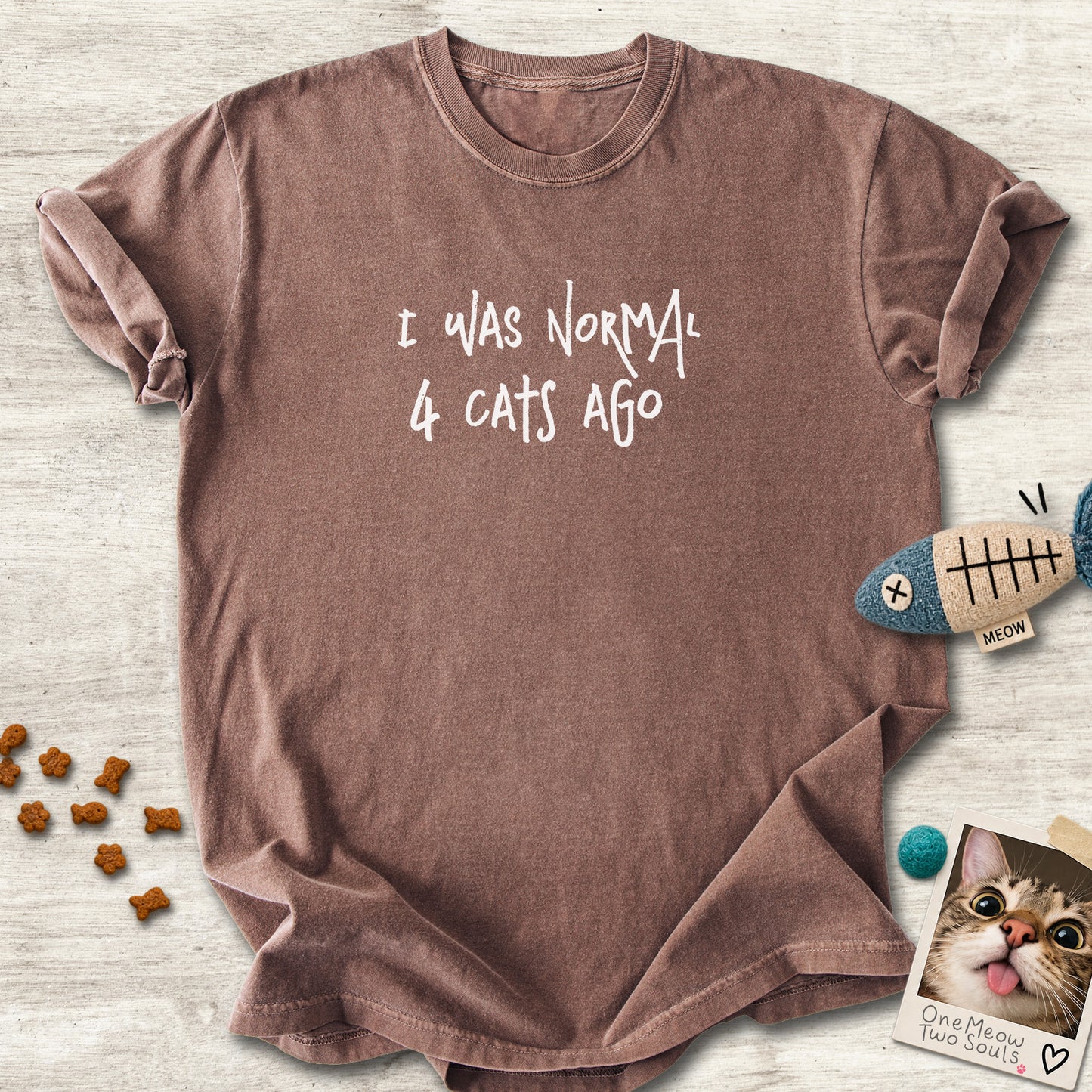 Espresso colored Comfort Colors 1717 cotton T-shirt, featuring a "I was normal 4 cats ago" funny cat design illustration. One Meow Two Souls brand.