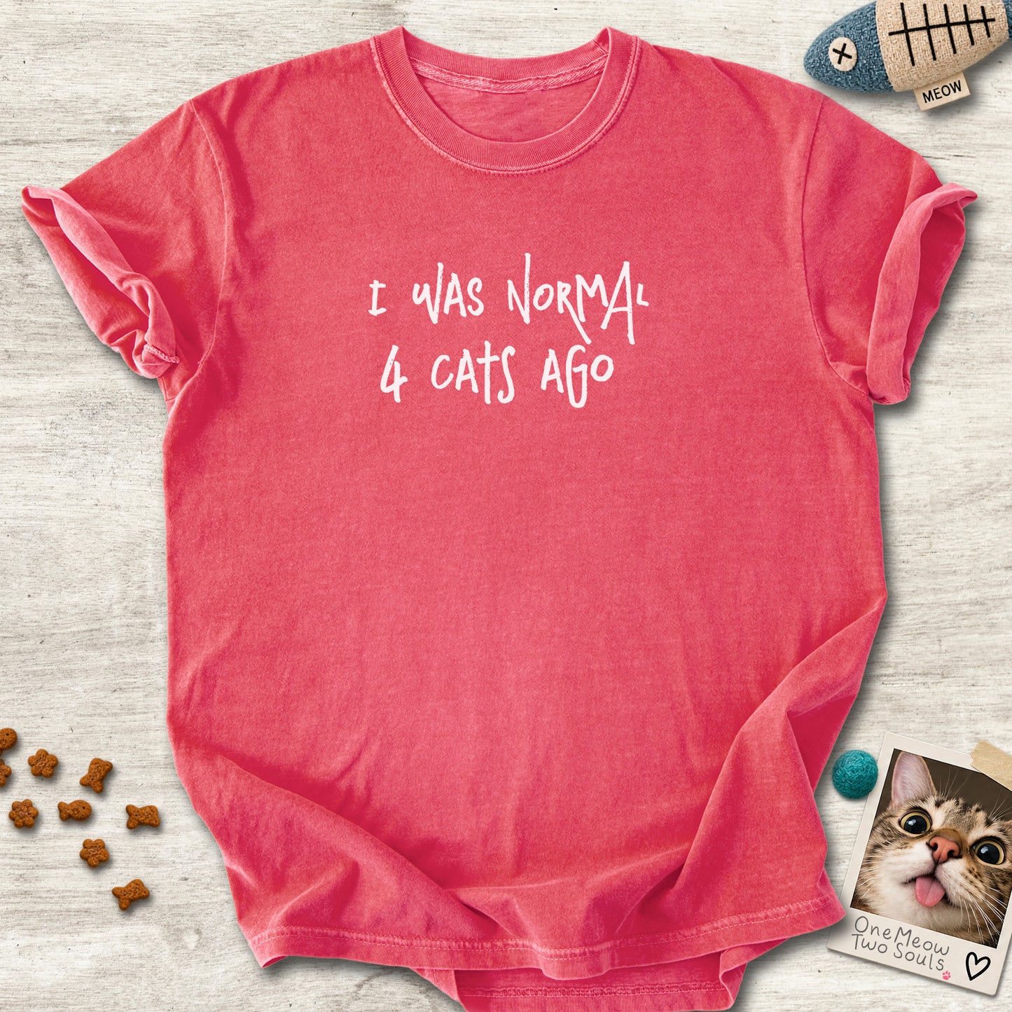 Watermelon colored Comfort Colors 1717 cotton T-shirt, featuring a "I was normal 4 cats ago" funny cat design illustration. One Meow Two Souls brand.