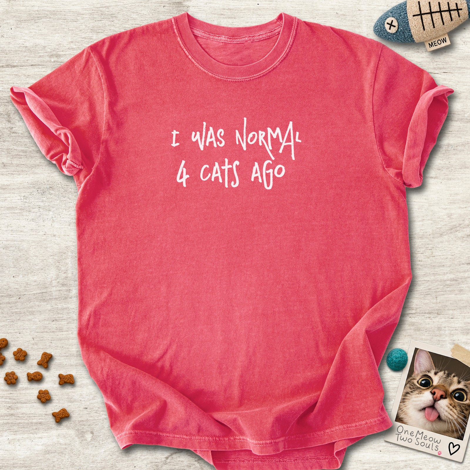 Watermelon colored Comfort Colors 1717 cotton T-shirt, featuring a "I was normal 4 cats ago" funny cat design illustration. One Meow Two Souls brand.
