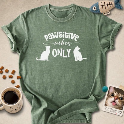 Moss colored Comfort Colors 1717 cotton T-shirt, featuring a "Pawsitive Vibes Only" funny cat design illustration. One Meow Two Souls brand.