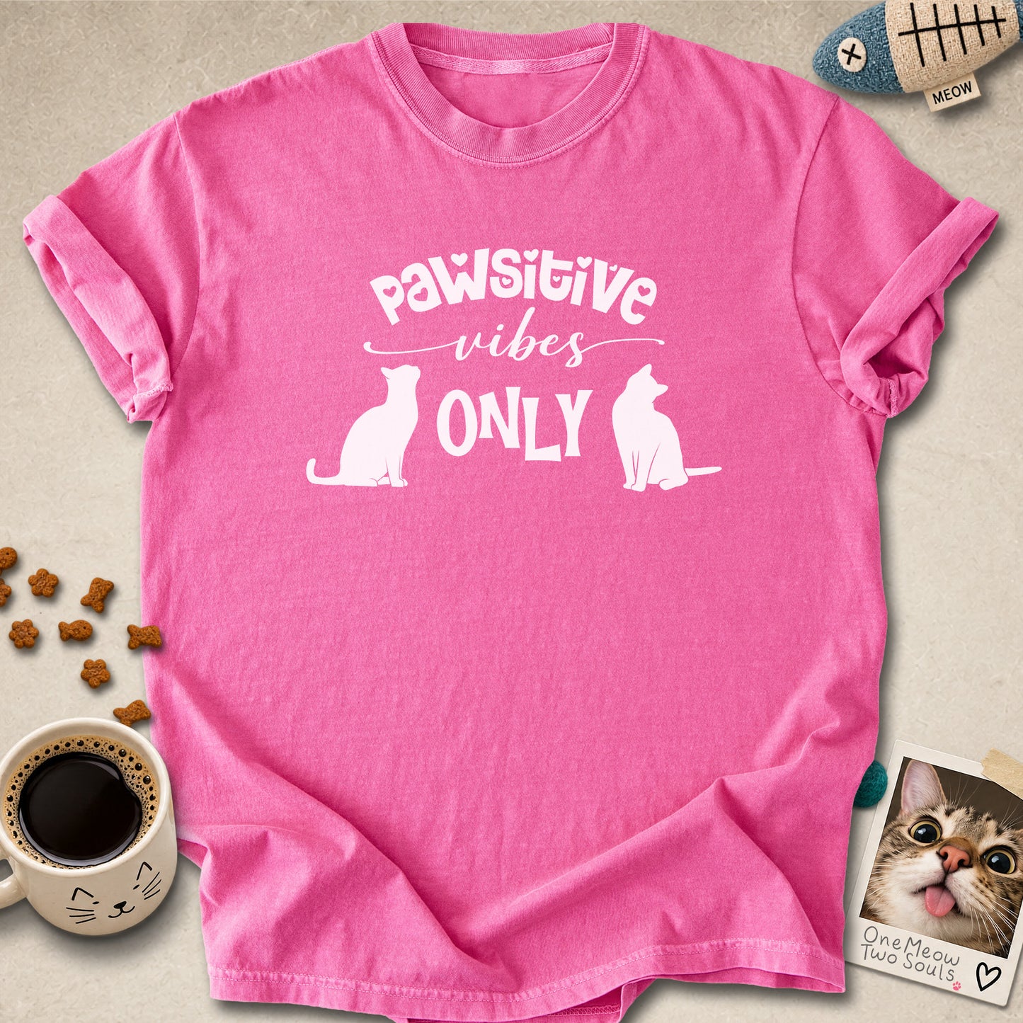 Crunchberry colored Comfort Colors 1717 cotton T-shirt, featuring a "Pawsitive Vibes Only" funny cat design illustration. One Meow Two Souls brand.