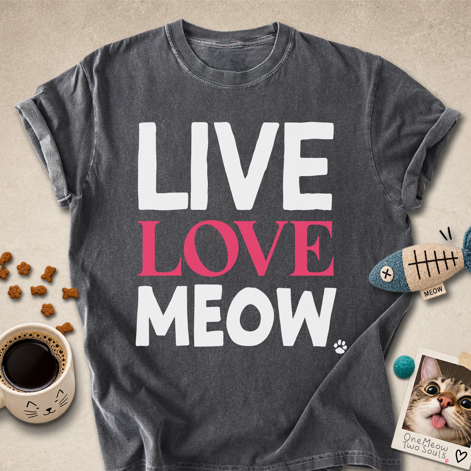 Pepper colored Comfort Colors 1717 cotton T-shirt, presenting a "Live Love Meow" funny cat design. One Meow Two Souls brand.