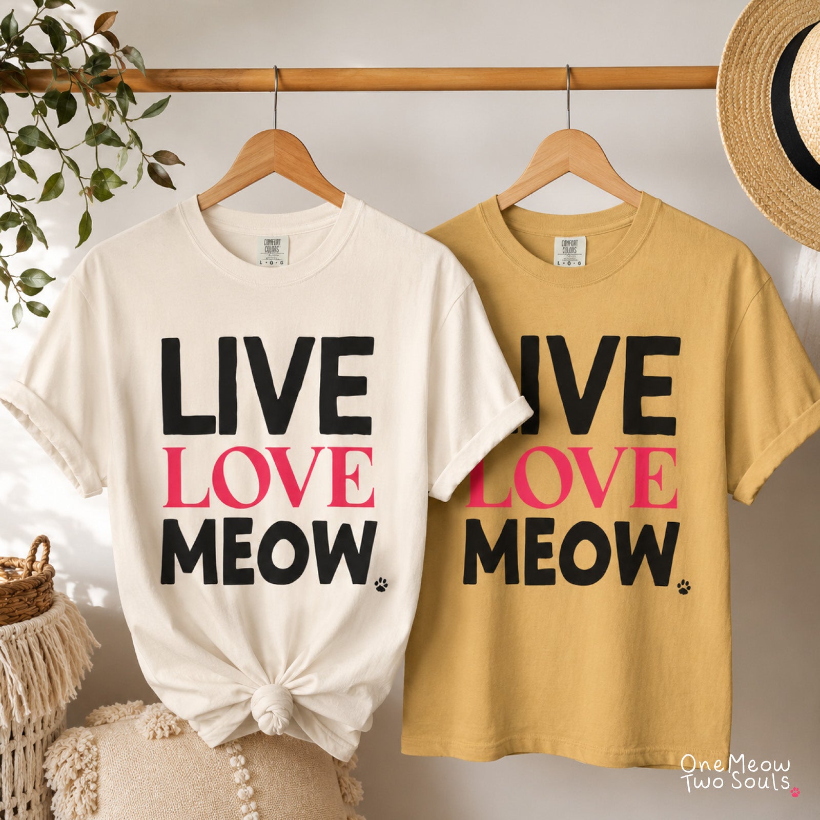 Ivory and Mustard colored Comfort Colors 1717 cotton T-shirts, presenting a "Live Love Meow" funny cat design. One Meow Two Souls brand.